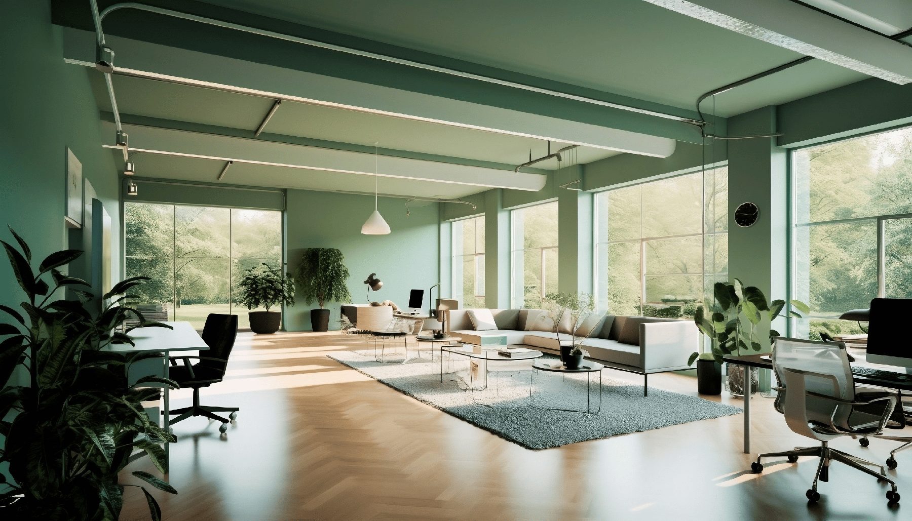 A relaxed modern office with desks, task chairs and a soft green ceiling